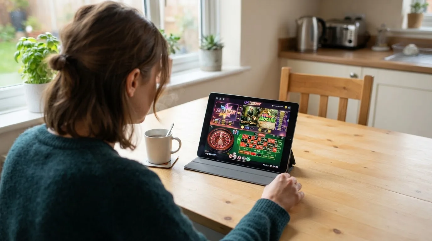 Een persoon bekijkt op een tablet een overzicht van casinospellen aan een keukentafel, met een kop koffie ernaast.