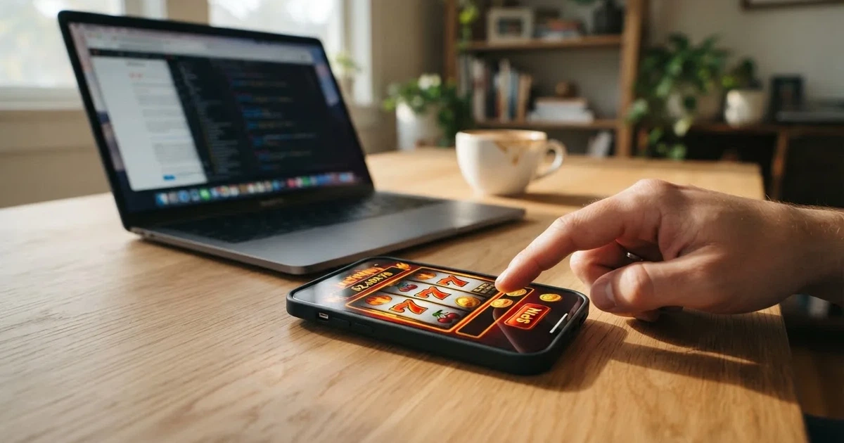 Een close-up van een hand die op een smartphone tikt naast een laptop op een houten bureau, met zacht daglicht op de achtergrond.