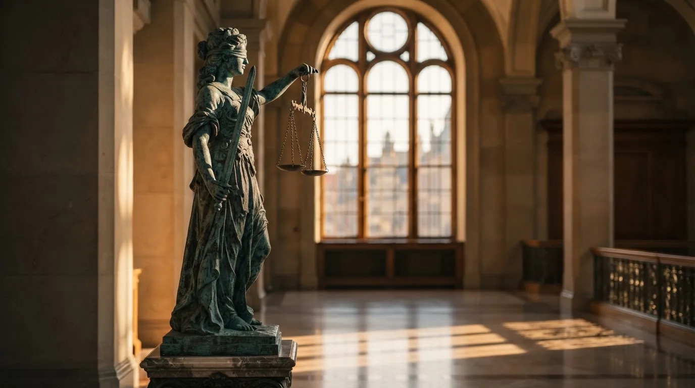 Een bronzen vrouwe Justitia met weegschaal staat voor een grote raampartij in een statig gerechtsgebouw, met zacht ochtendlicht.