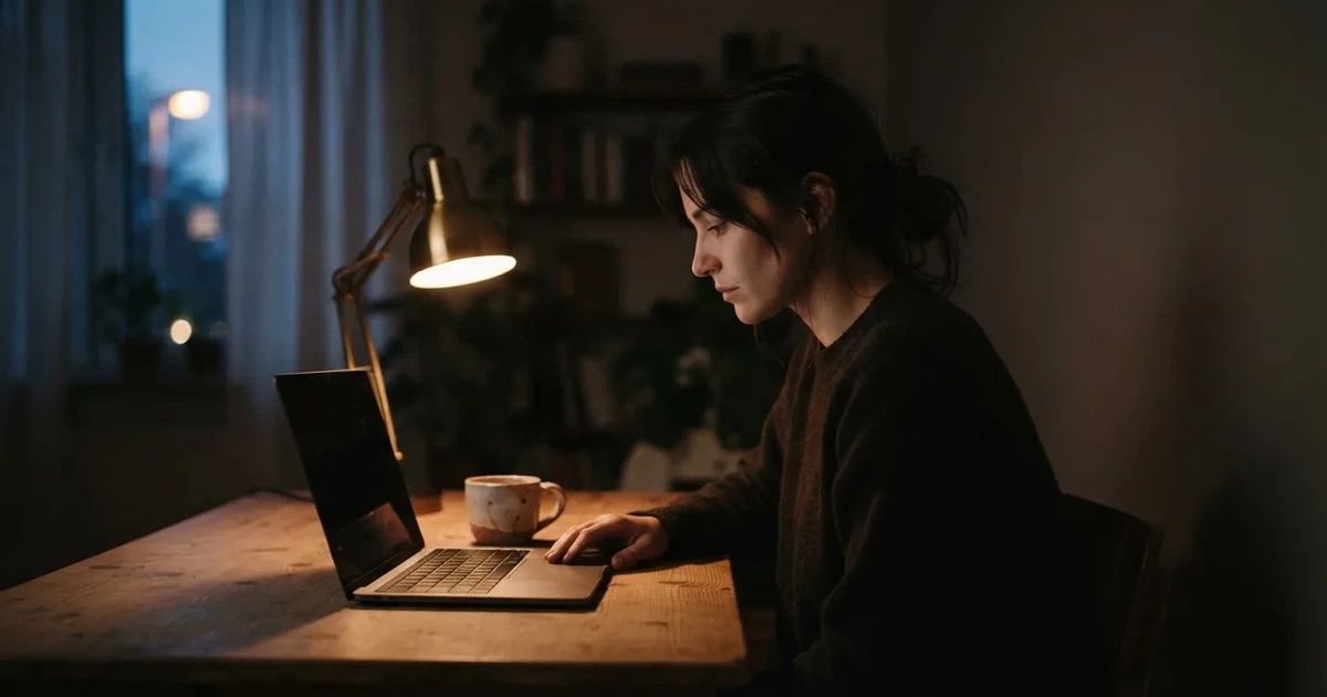 Een persoon zit alleen aan een bureau en staart peinzend naar een laptop met het scherm uit, in gedimd avondlicht.