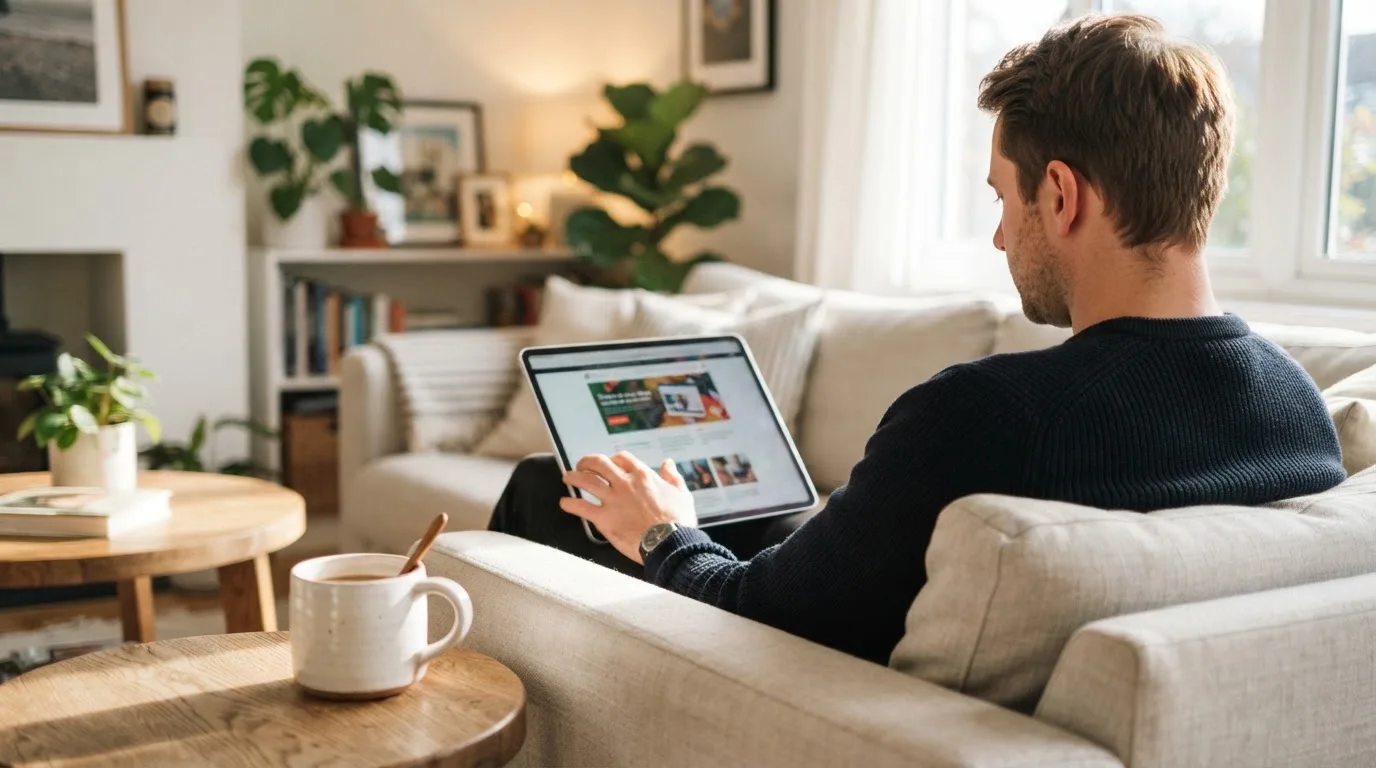 Een man bekijkt ontspannen een tablet op de bank in een lichte woonkamer met een kop koffie op de salontafel.