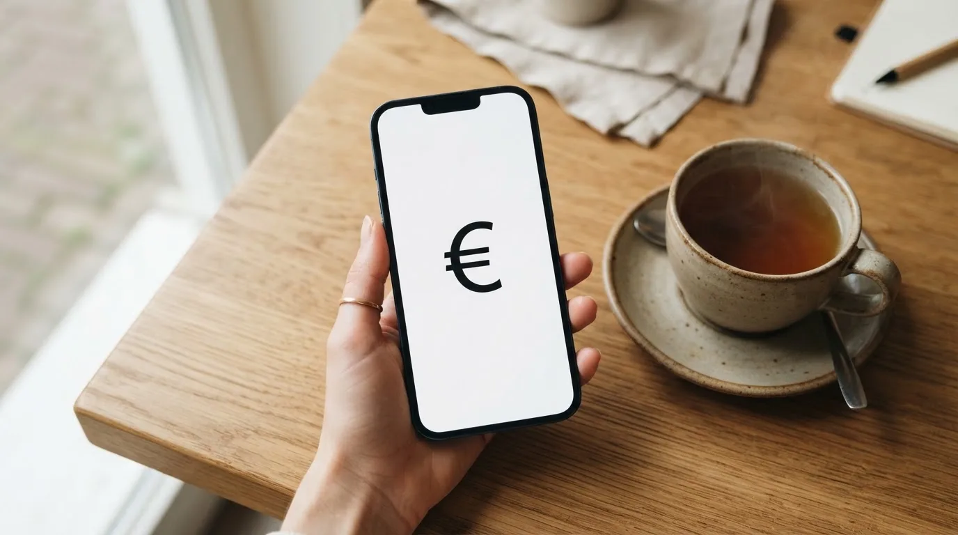 Een hand houdt een smartphone vast boven een houten tafel met een kopje thee ernaast, in zacht daglicht.
