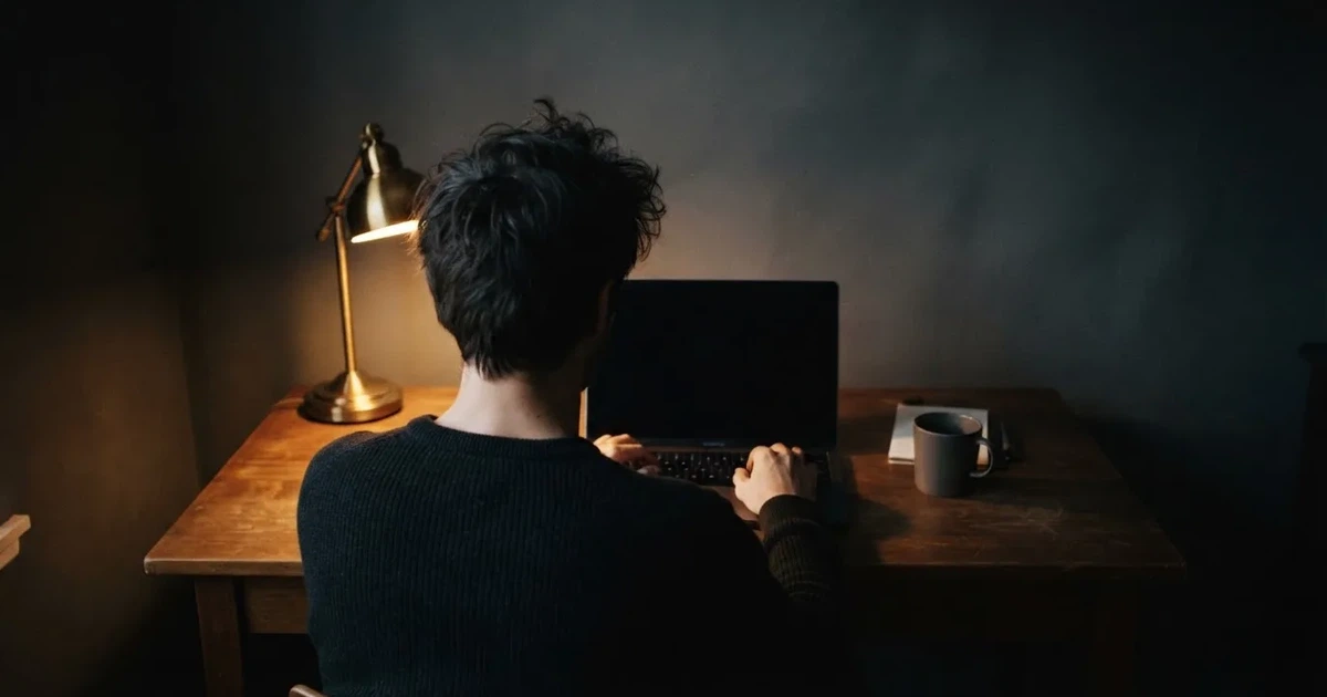 Een persoon zit alleen aan een bureau en staart peinzend naar een laptop met het scherm uit, in gedimd avondlicht.