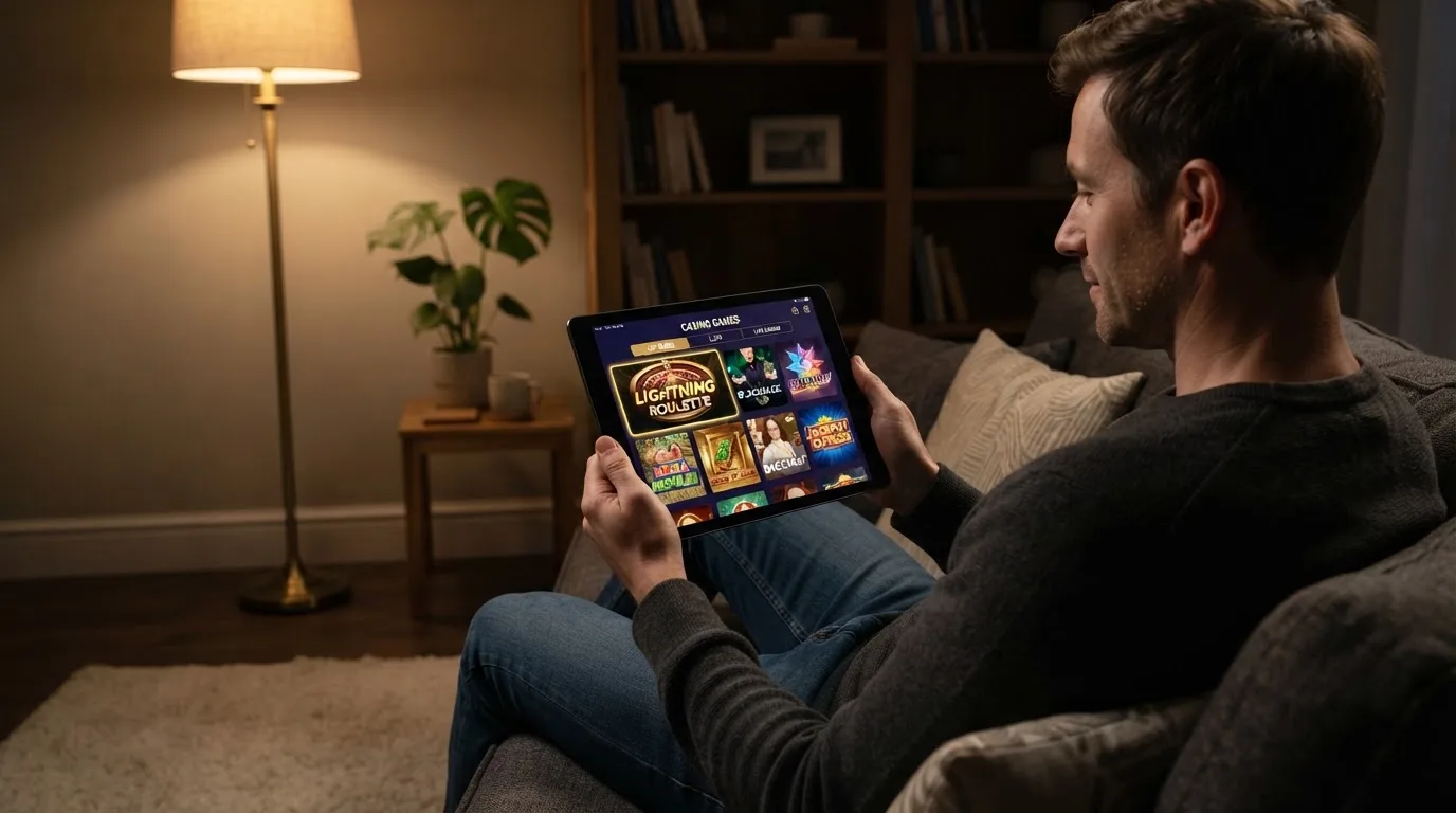 Een man bekijkt laat op de avond een tablet op de bank, verlicht door een staande lamp in een rustige woonkamer.