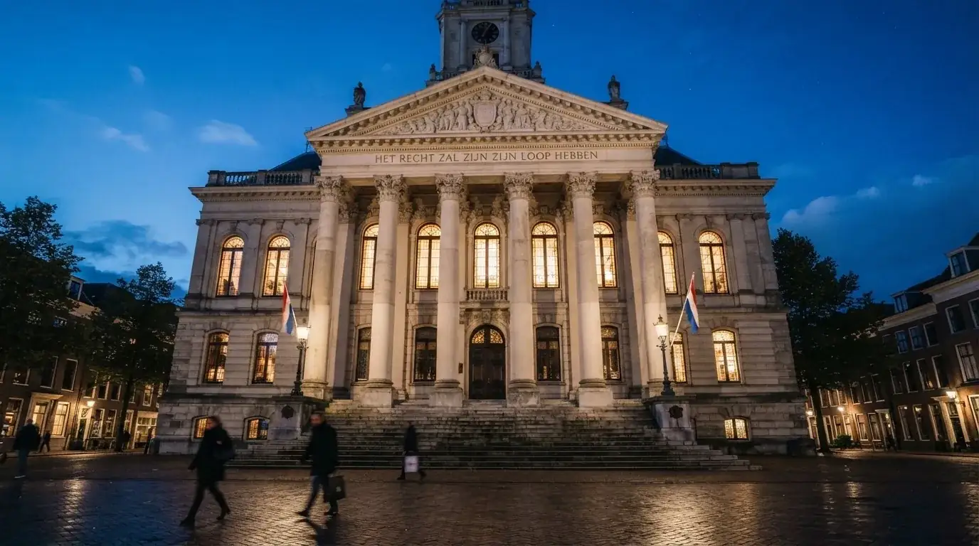 Een statig gerechtsgebouw met verlichte zuilen staat in de avondschemering in een Nederlandse stad.