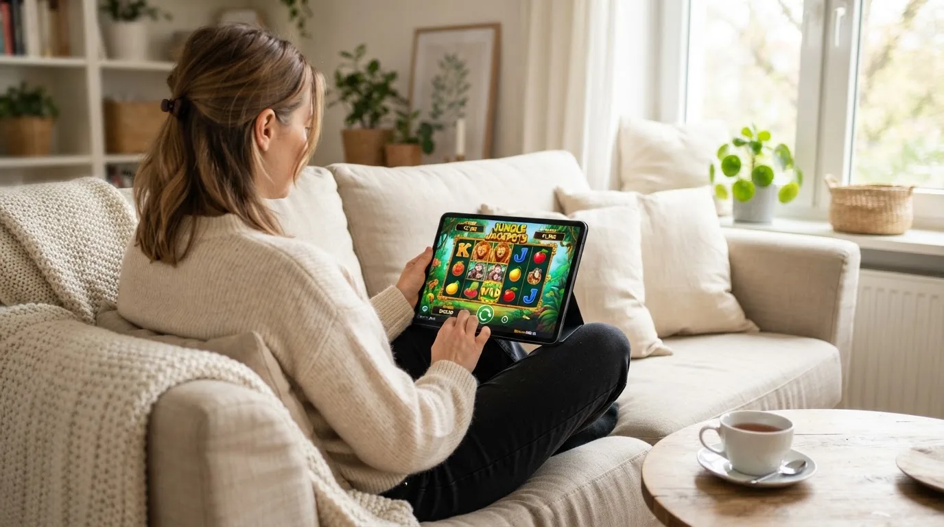 Een vrouw bekijkt ontspannen een tablet op de bank in een lichte woonkamer met een kop thee op de salontafel.