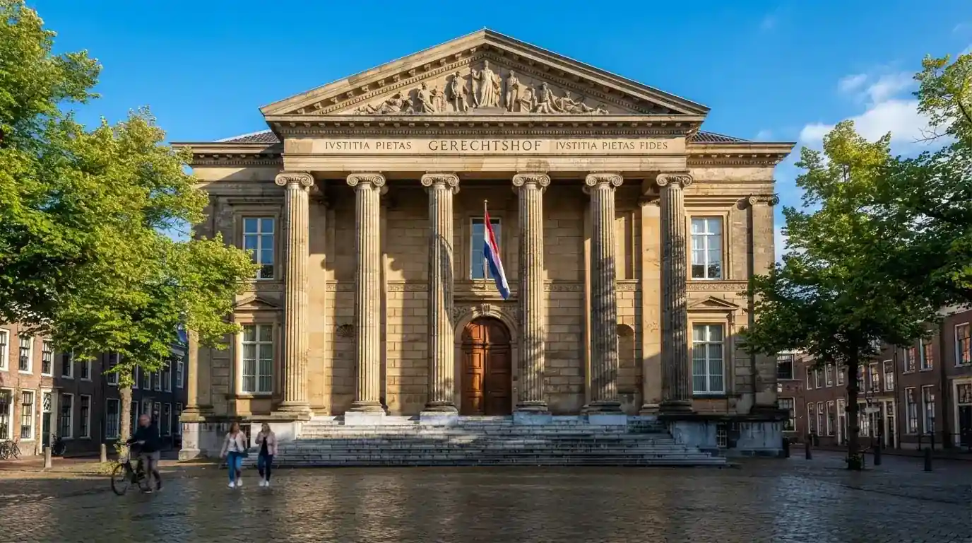 Een klassiek gerechtsgebouw met hoge zuilen staat onder een blauwe lucht in een Nederlandse binnenstad.