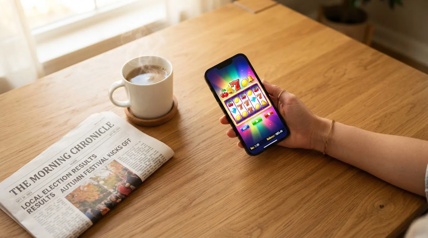 Een hand houdt een smartphone vast boven een houten tafel met een kopje koffie ernaast, in zacht daglicht.