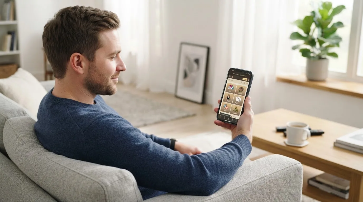 Een man bekijkt ontspannen zijn telefoon op de bank in een lichte woonkamer met een kop koffie op de salontafel.