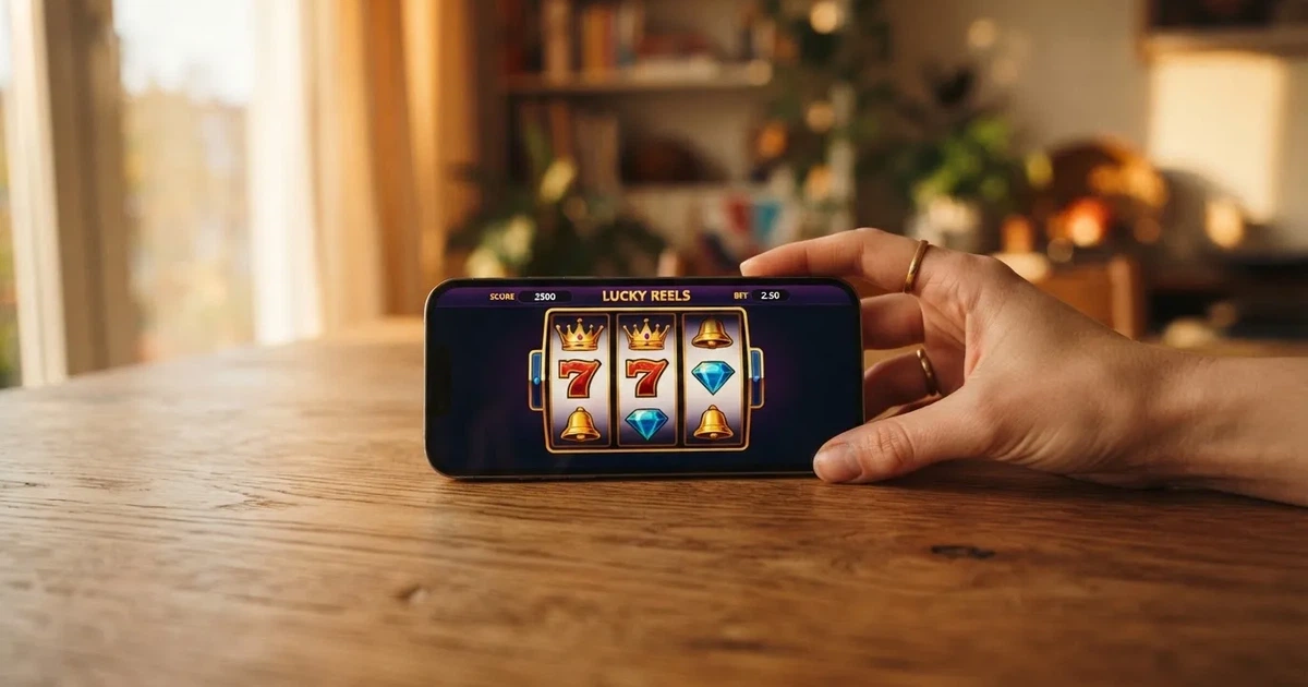 Een hand houdt een smartphone vast en tikt met een vinger op het scherm, terwijl de telefoon rust op een houten tafel.