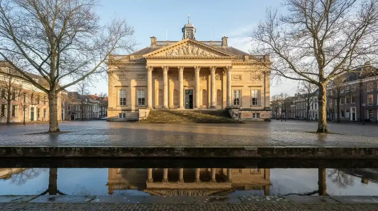 Een klassiek gerechtsgebouw met zuilen staat onder een blauwe lucht in een rustige Nederlandse stad.