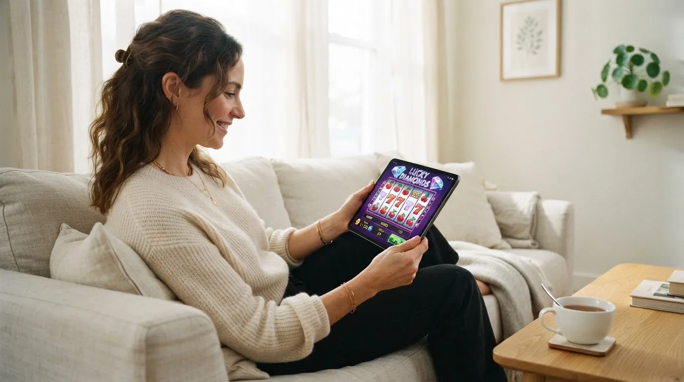 Een vrouw bekijkt ontspannen een tablet op de bank in een lichte woonkamer met een kop thee op de salontafel.
