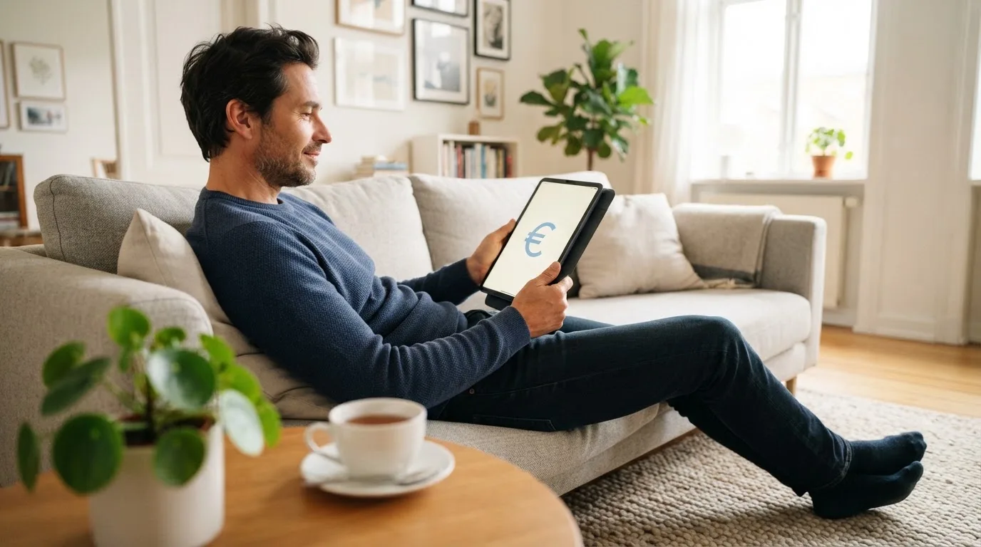 Een man bekijkt ontspannen een tablet op de bank in een lichte woonkamer met een kop thee op de salontafel.