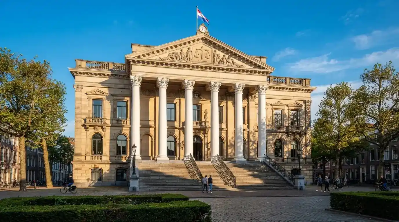 Een statig gerechtsgebouw met brede trappen en zuilen staat onder een blauwe hemel in een Nederlandse stad.