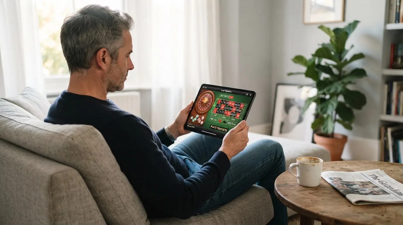 Een man bekijkt ontspannen een tablet op de bank in een lichte woonkamer met een kop koffie op de salontafel.