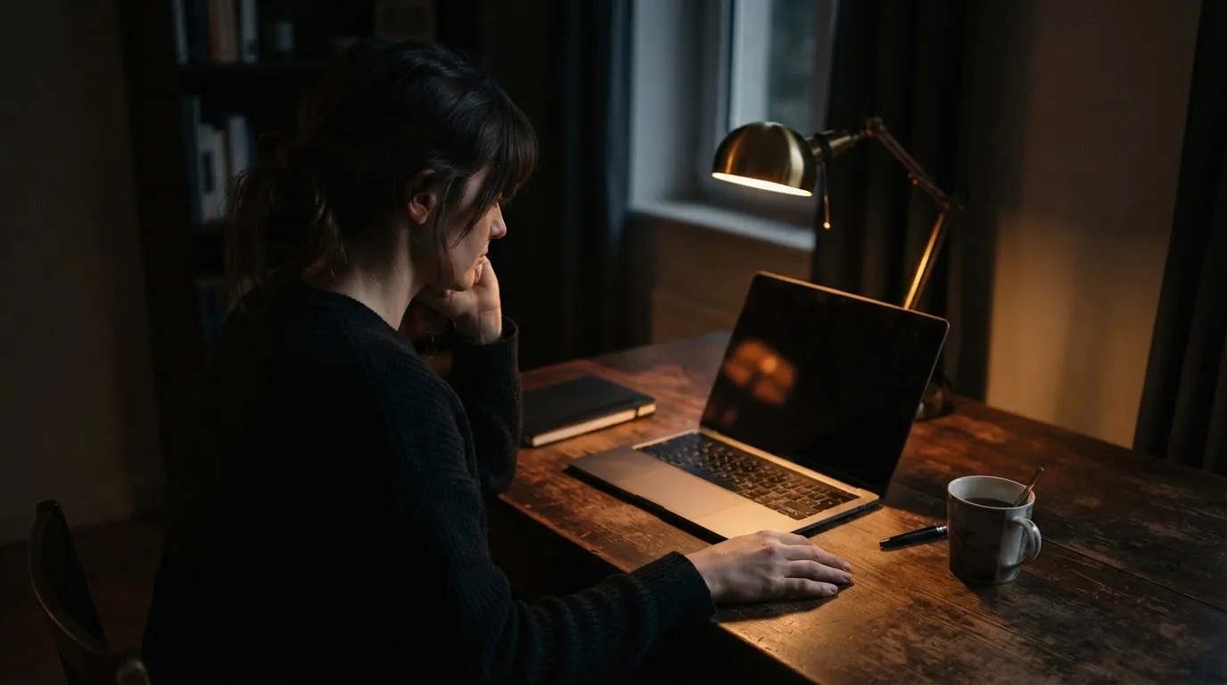 Een persoon zit alleen aan een bureau en kijkt peinzend naar een laptop met het scherm uit, in gedimd licht.