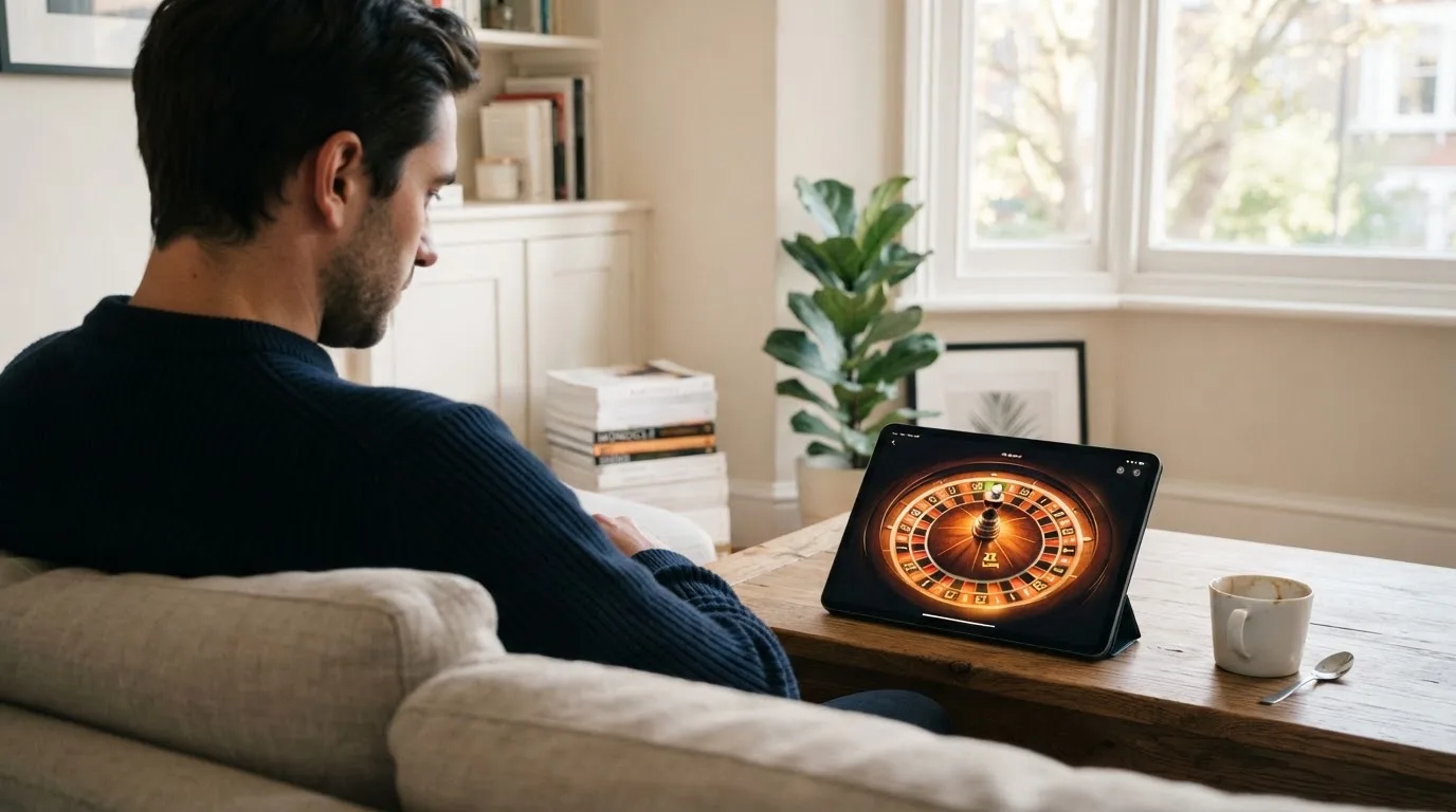 Een man bekijkt ontspannen een tablet op de bank in een lichte woonkamer met een kop koffie op de salontafel.