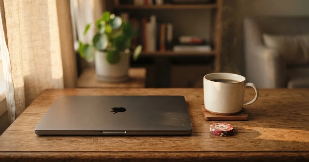 Een laptop met gesloten deksel staat naast een kopje koffie op een houten bureau, in zacht ochtendlicht.
