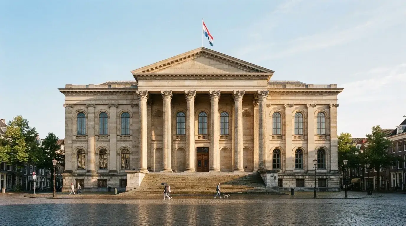 Een klassiek gerechtsgebouw met hoge zuilen staat onder een heldere hemel in een Nederlandse stad.