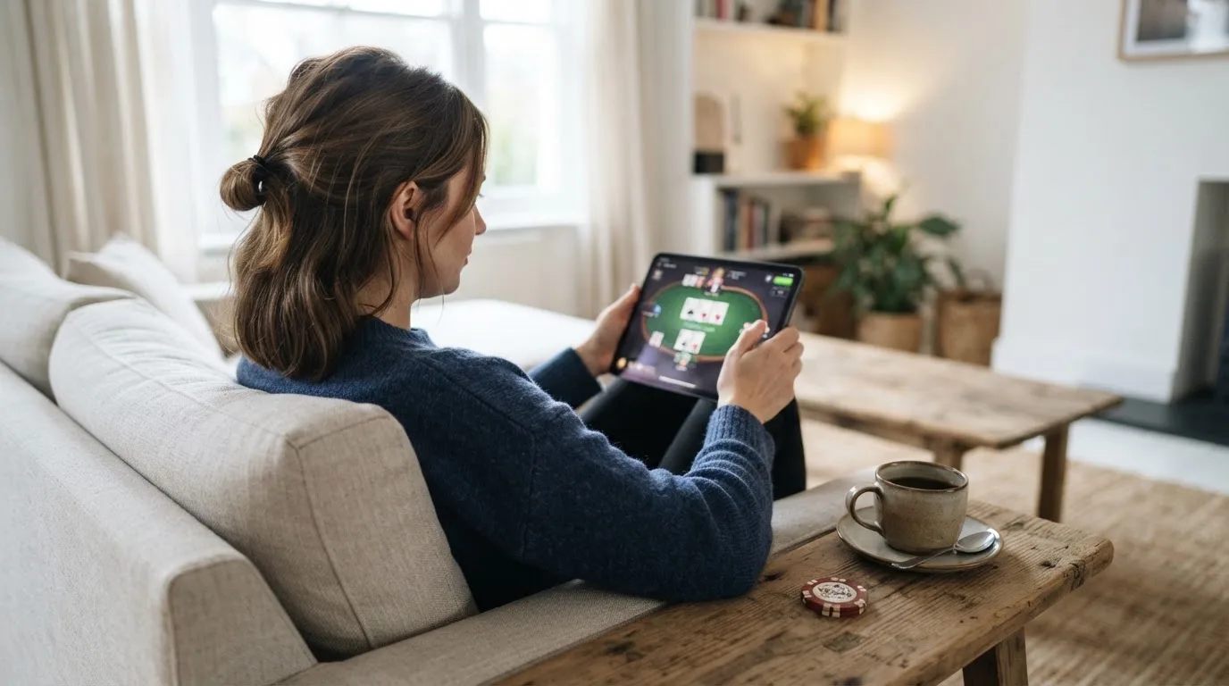 Een vrouw bekijkt ontspannen een tablet op de bank in een lichte woonkamer met een kop koffie op de salontafel.