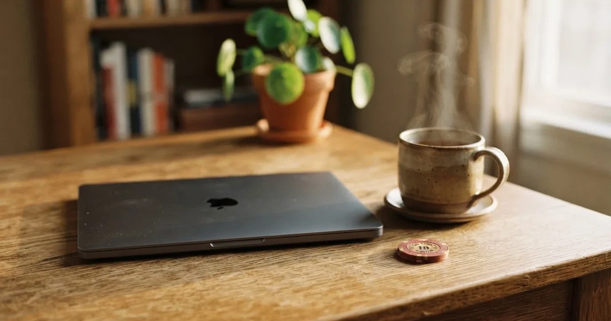 Een laptop met gesloten deksel staat naast een kopje thee op een houten bureau, in zacht ochtendlicht.