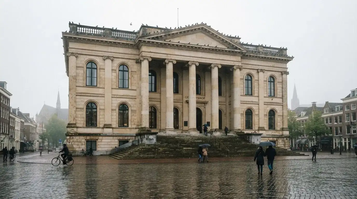 Een klassiek gerechtsgebouw met brede trappen staat onder een bewolkte hemel in een Nederlandse stad.