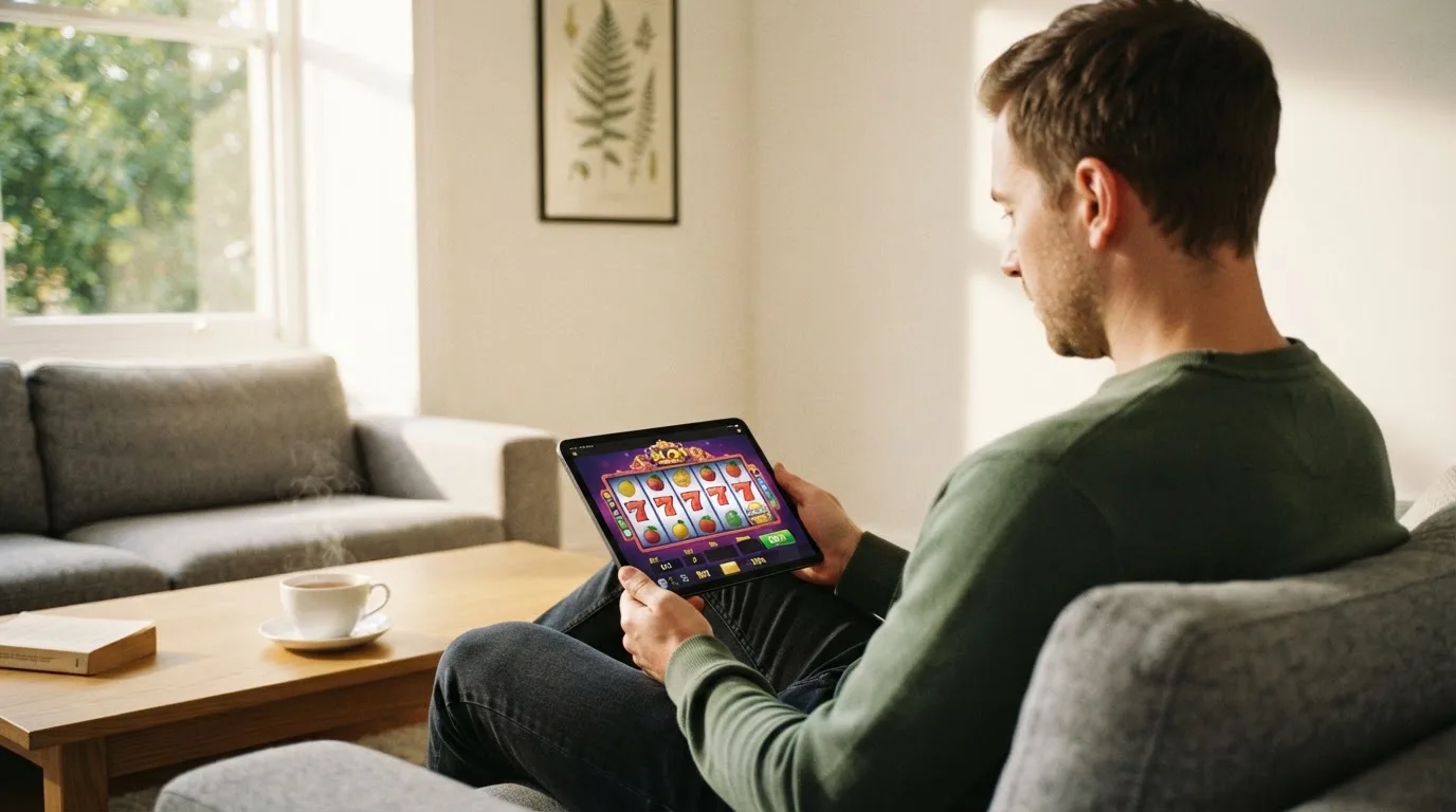Een man bekijkt ontspannen een tablet op de bank in een lichte woonkamer met een kop thee op de salontafel.