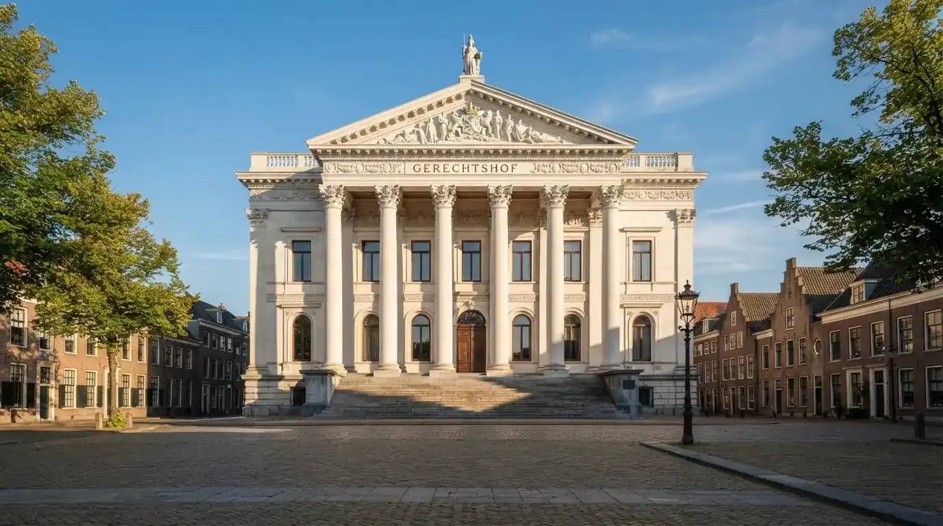 Een klassiek gerechtsgebouw met hoge zuilen staat onder een heldere hemel in een Nederlandse stad.