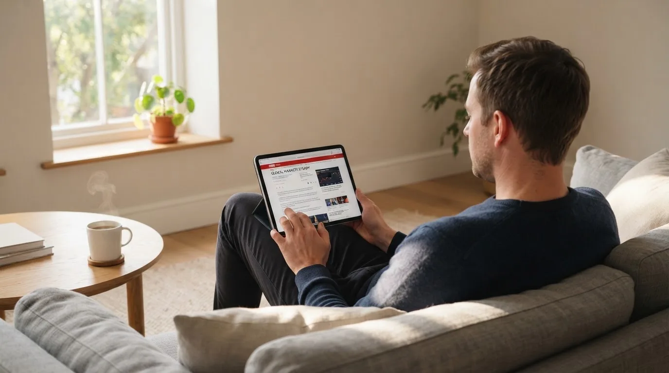 Een man bekijkt ontspannen een tablet op de bank in een lichte woonkamer met een kop koffie op de salontafel.