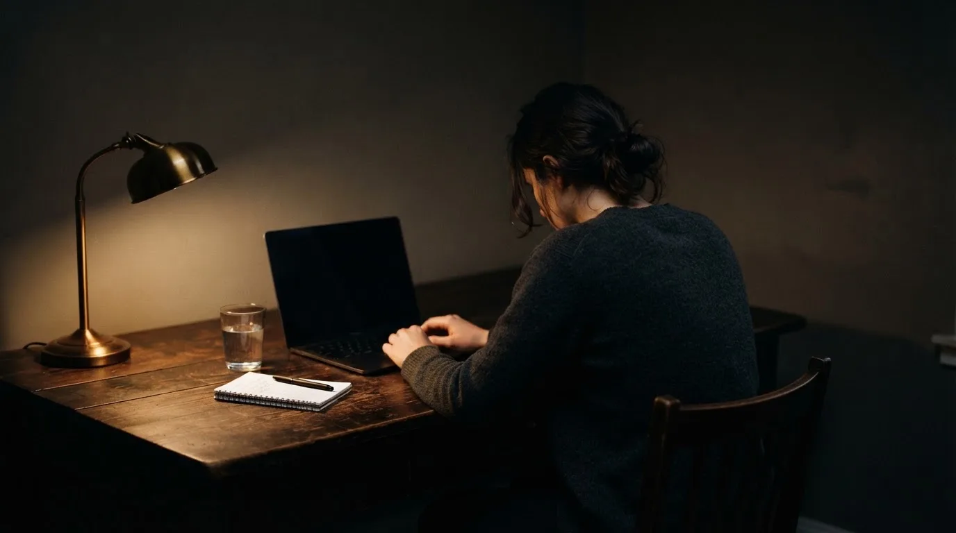 Een persoon zit alleen aan een bureau en kijkt peinzend naar een laptop met het scherm uit, in gedimd licht.