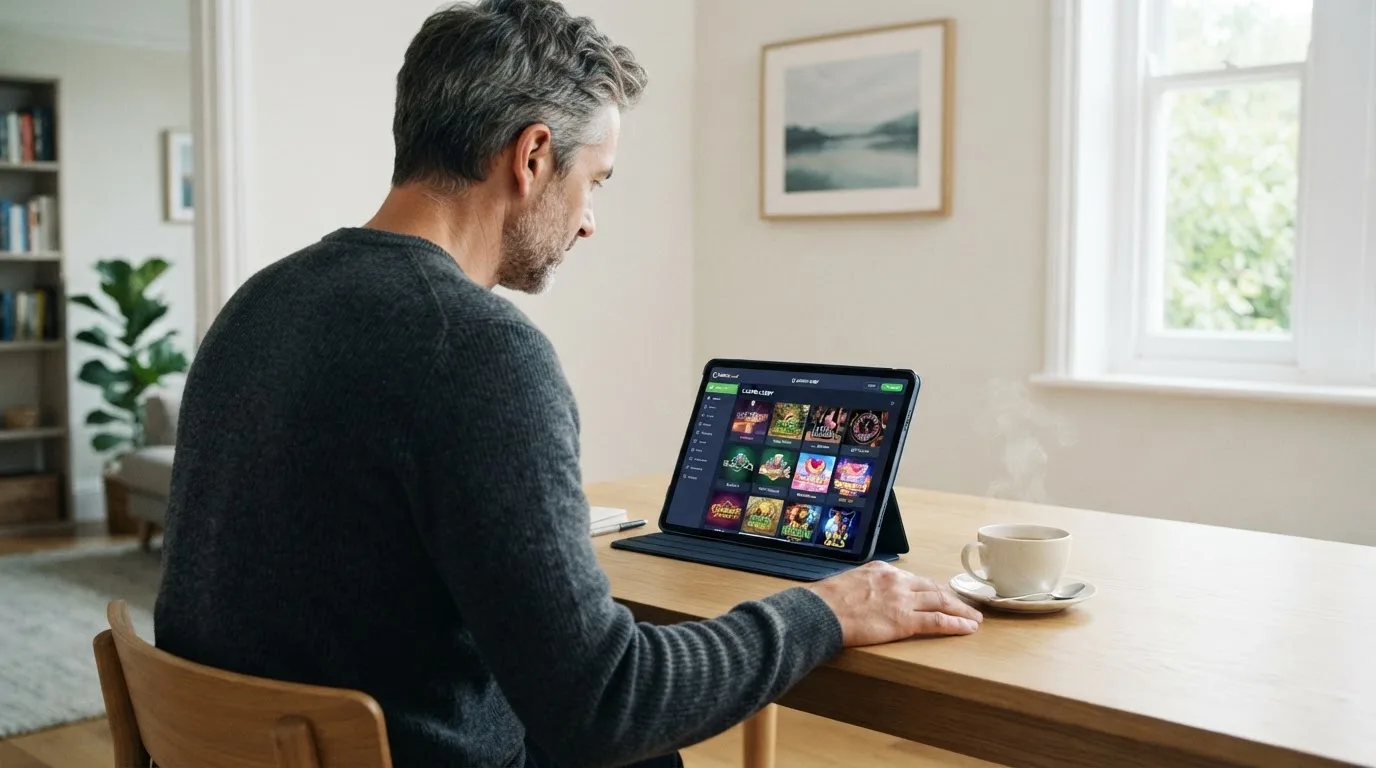 Een man zit aan een bureau in een lichte woonkamer en kijkt naar het scherm van een tablet die naast een kop thee ligt.