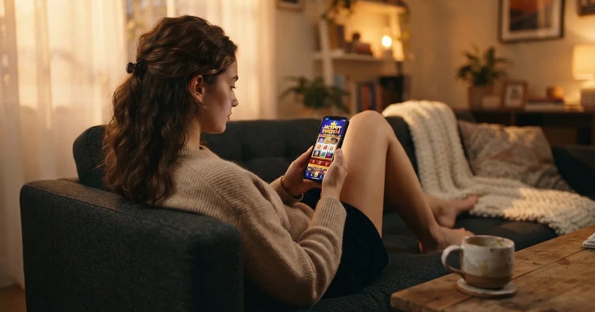 Een jonge vrouw ontspant op de bank met haar smartphone in de hand, terwijl er 's avonds zacht licht door het raam valt.
