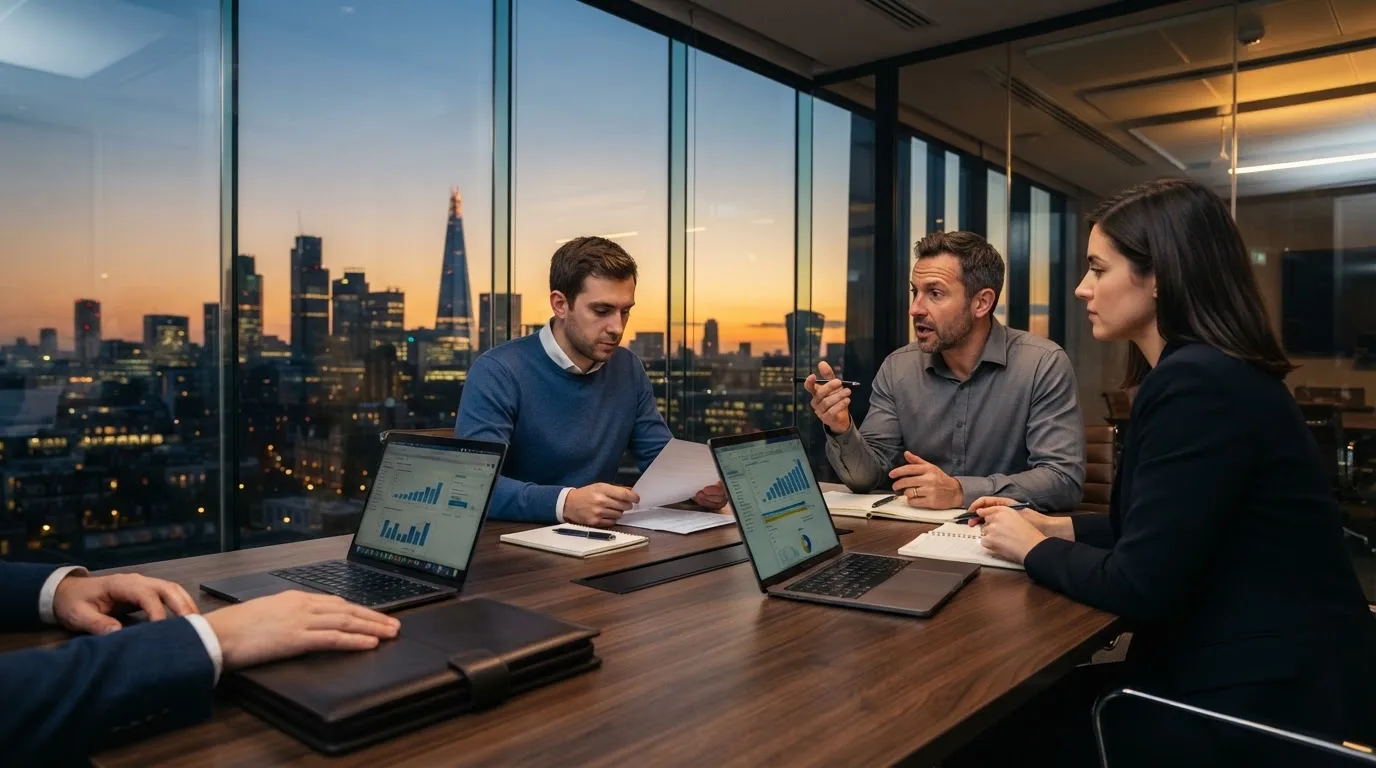 Een klein team overlegt rond een tafel in een glazen vergaderruimte met uitzicht op een stedelijke skyline bij zonsondergang.