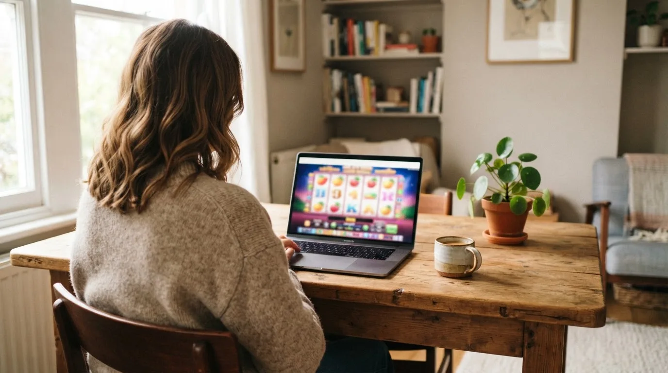 Een vrouw zit aan een houten bureau en bekijkt rustig het scherm van een laptop in een lichte woonkamer.