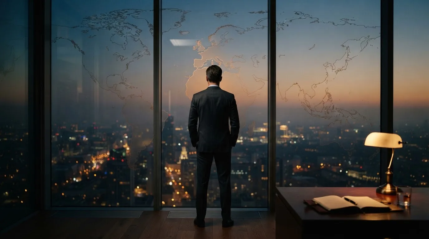 Een jurist in kostuum staat voor een grote glazen wand met een wereldkaart in een modern kantoor tijdens de avondschemering.