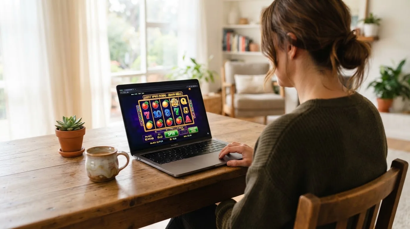 Een vrouw zit aan een houten bureau en bekijkt rustig het scherm van een laptop in een lichte woonkamer.