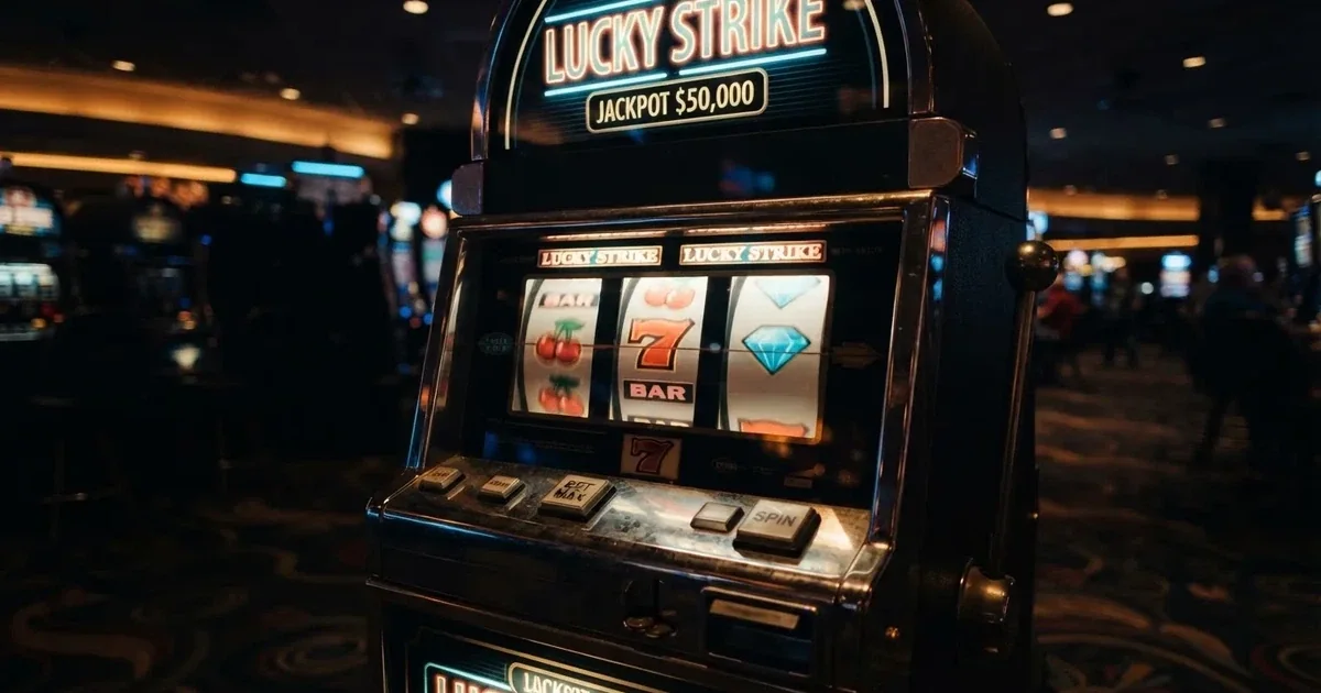 Een close-up van kleurrijke gokkasten met knipperende lichten in een schemerig casino, zonder zichtbare spelers of tekst.