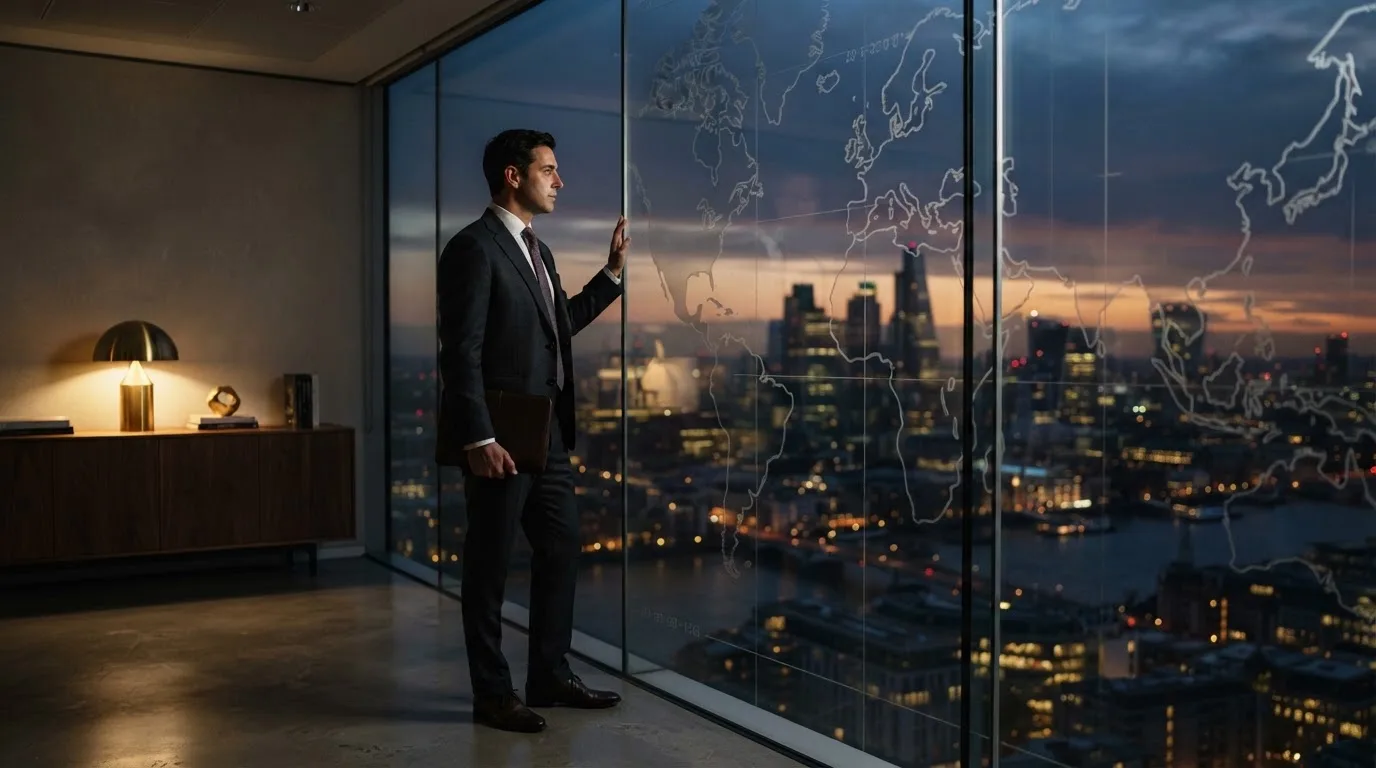 Een jurist in kostuum staat voor een grote glazen wand met een wereldkaart in een modern kantoor tijdens de avondschemering.