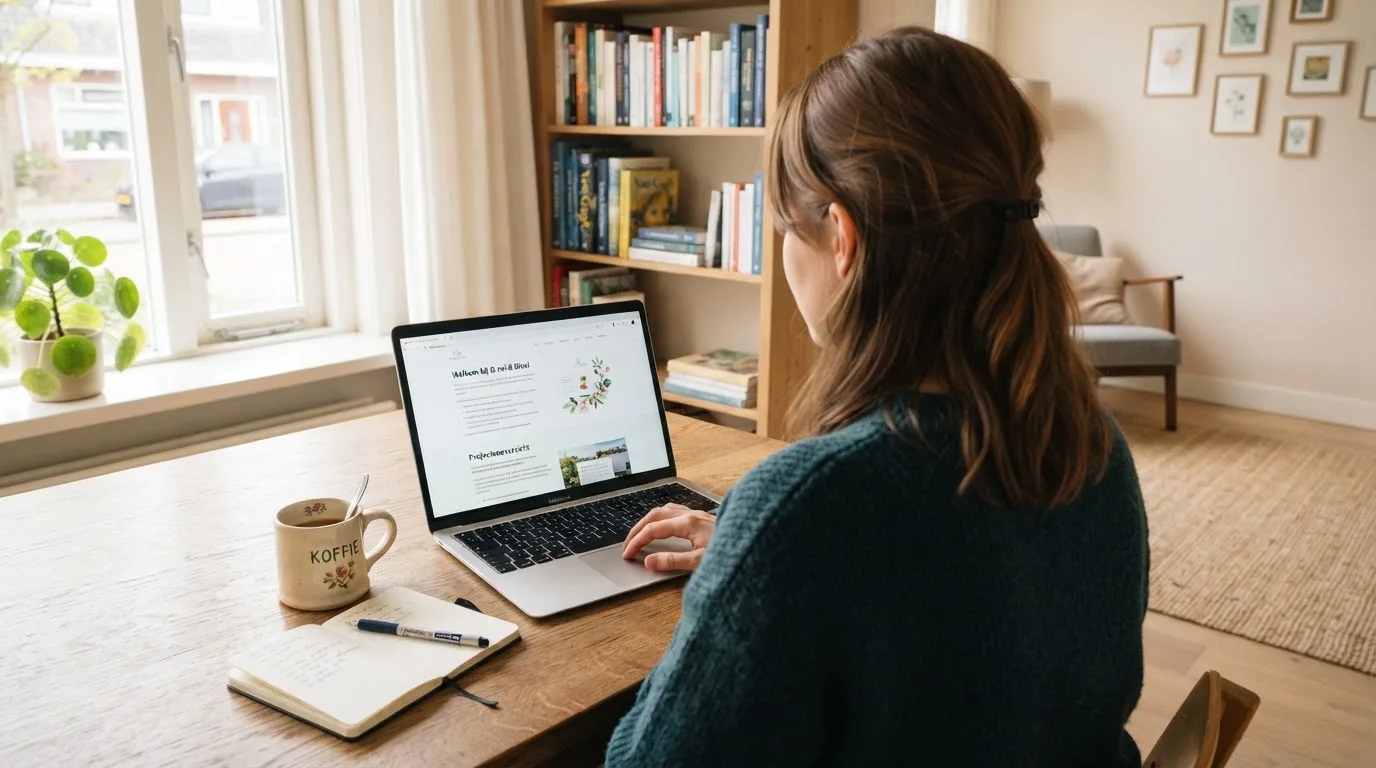Een vrouw zit aan een houten bureau en bekijkt rustig het scherm van een laptop in een lichte woonkamer.