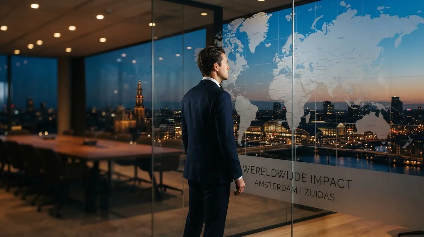 Een jurist in kostuum staat voor een grote glazen wand met een wereldkaart in een modern kantoor tijdens de avondschemering.