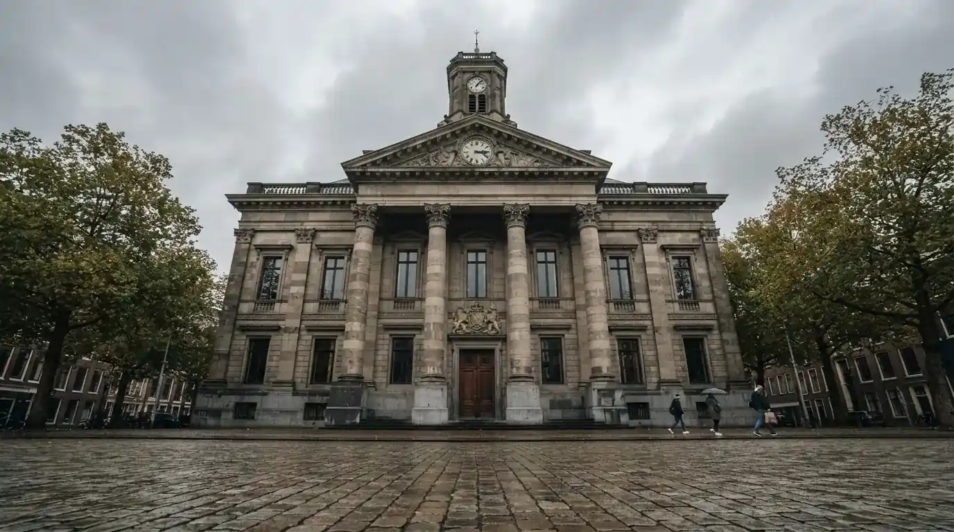 Een statig gerechtsgebouw met zuilen staat onder een bewolkte lucht in een Nederlandse stad.
