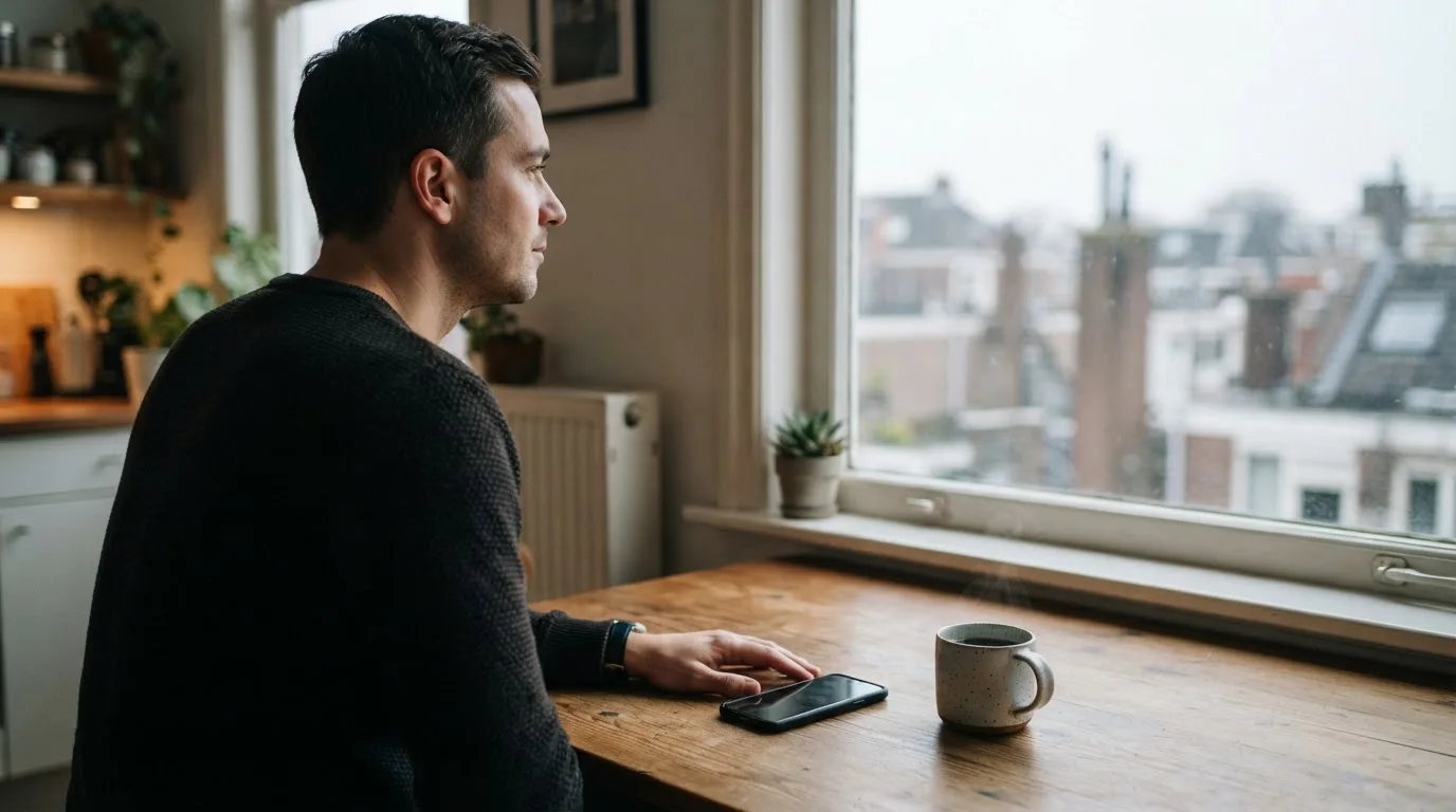 Een man legt zijn telefoon rustig weg en kijkt uit het raam met een kop koffie op tafel.