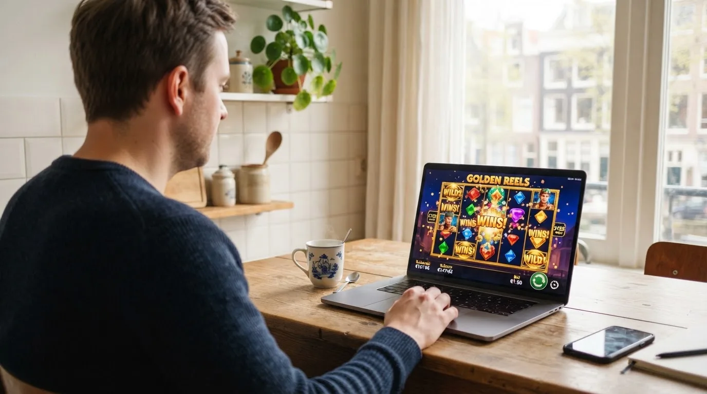 Een man zit thuis aan tafel met een kop koffie en bekijkt rustig zijn laptop.
