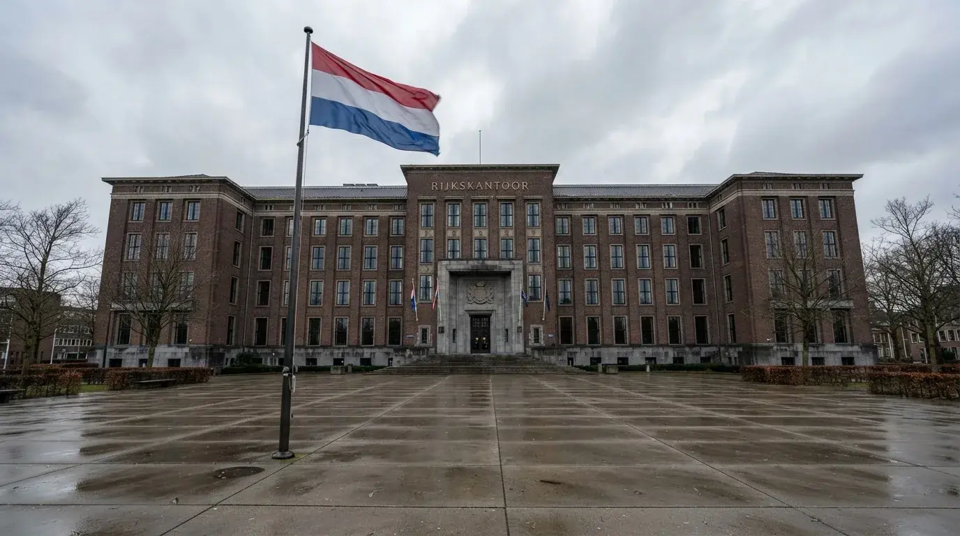 Een statig kantoorgebouw met een Nederlandse vlag ervoor onder een bewolkte hemel.
