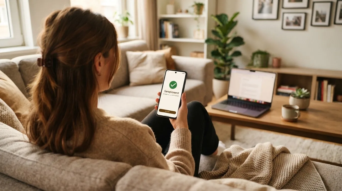 Een jonge vrouw zit ontspannen op de bank met een smartphone in haar hand, terwijl een laptop met onscherp scherm op de salontafel staat.