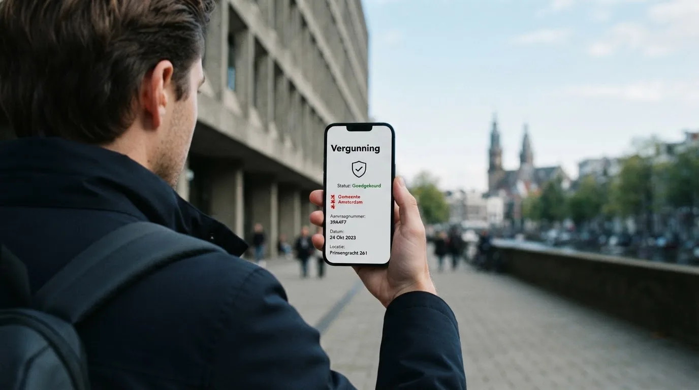 Een close-up van een hand die een smartphone vasthoudt buiten voor een grijs kantoorgebouw, met een wazige skyline van een Nederlandse stad op de achtergrond.