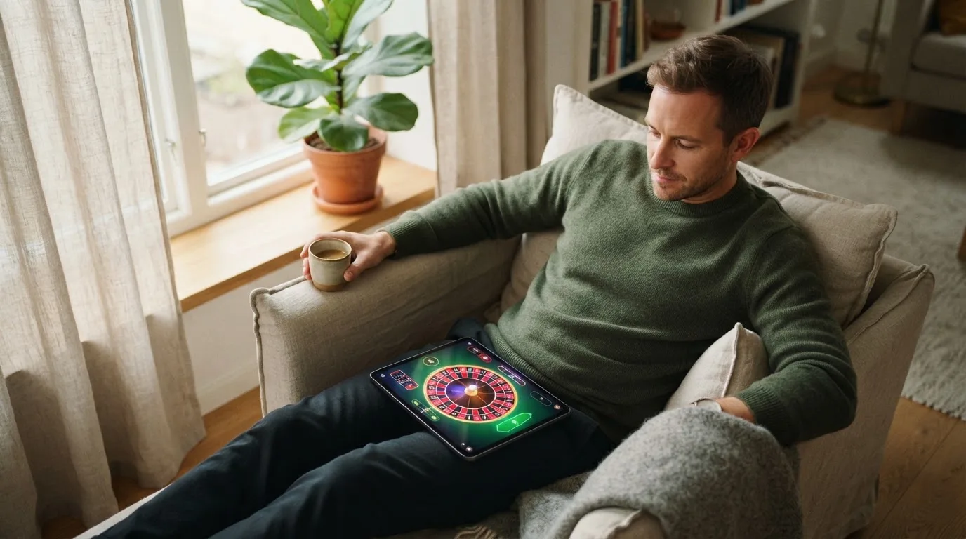 Een man leunt achterover op een stoel met een tablet op schoot, in een lichte woonkamer met planten op de achtergrond.