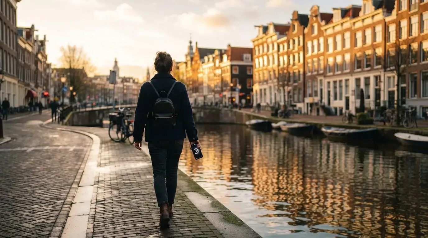 Een persoon loopt met een telefoon in de hand langs een grachtenpand in een Nederlandse stad, met wazige gevels op de achtergrond.