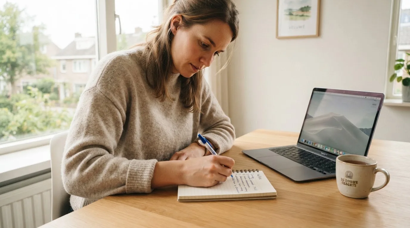 Een persoon zit aan een bureau thuis met een laptop en een notitieblok in daglicht.