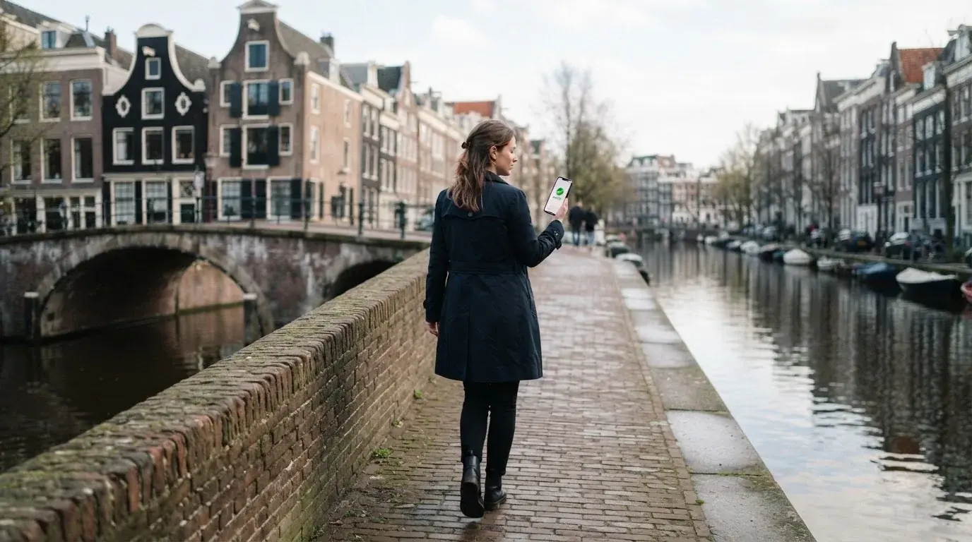Een volwassene loopt over een brug in een Nederlandse stad met een telefoon in de hand.
